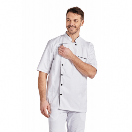 Veste cuisine blanche manches courtes pression noire